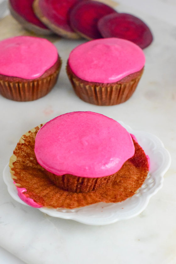 Dark Chocolate Beet Cupcakes with Pink Frosting