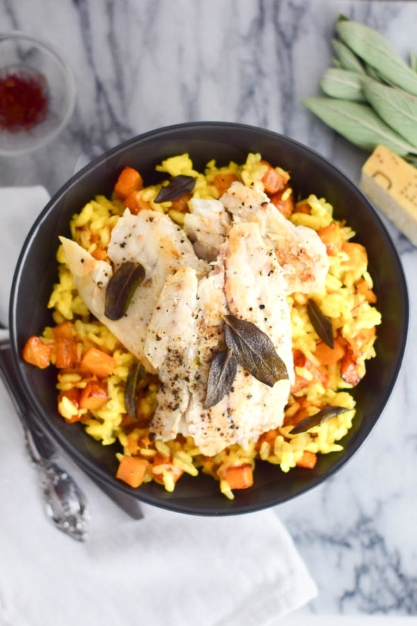 Saffron Risotto with Roasted Butternut Squash and Seared Barramundi