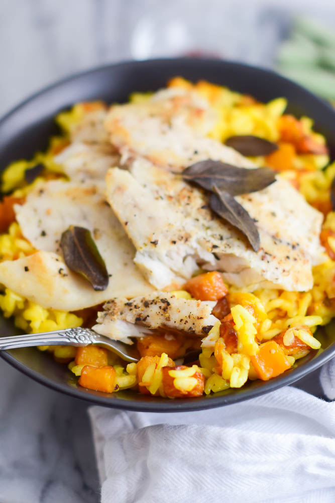 Saffron Risotto with Roasted Butternut Squash and Seared Barramundi