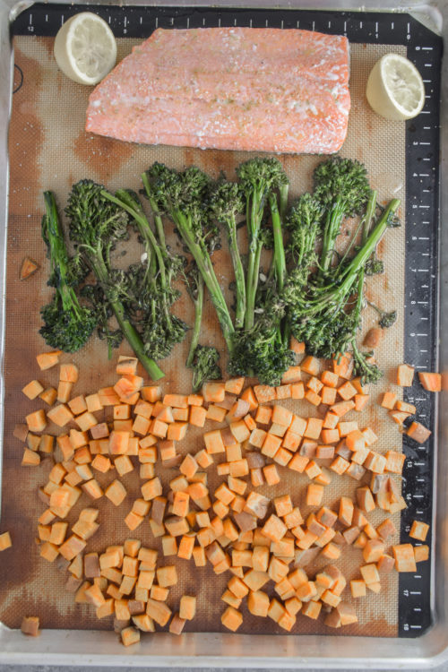 Diced Sweet potatoes, broccolini and salmon filet on sheet pan