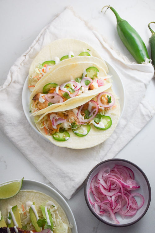 Spicy Fish Tacos with Pickled Onions